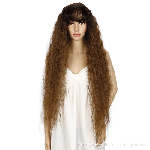 Henan Rebecca Long hair synthetic front lace wig heat resistant wavy with hair bangs High Temperature Fiber Synthetic hair Wigs